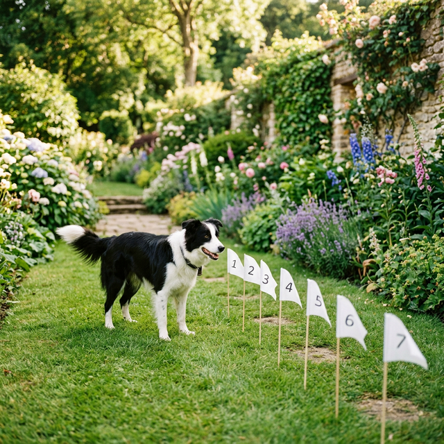 Chien en phase de dressage avec des fanions de barrière invisible